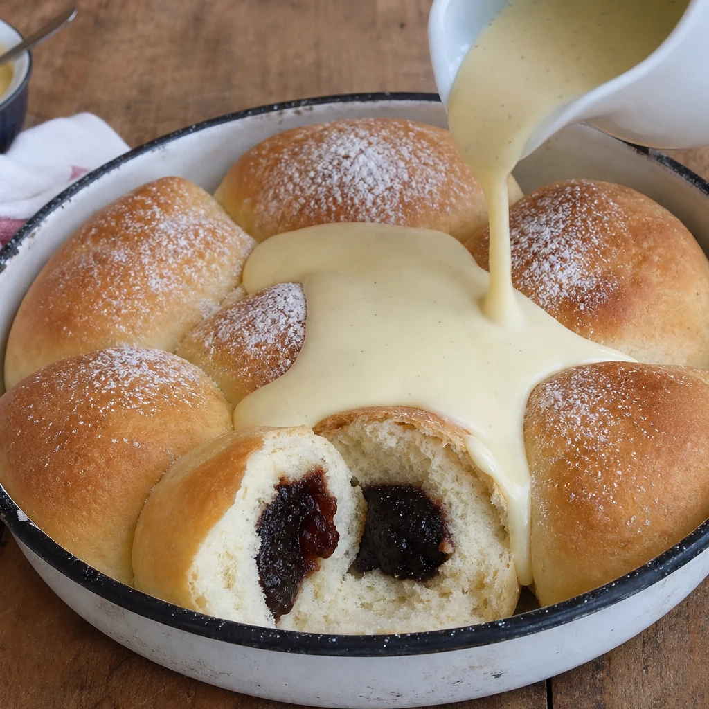 Buchteln mit Vanillesauce und Powidl