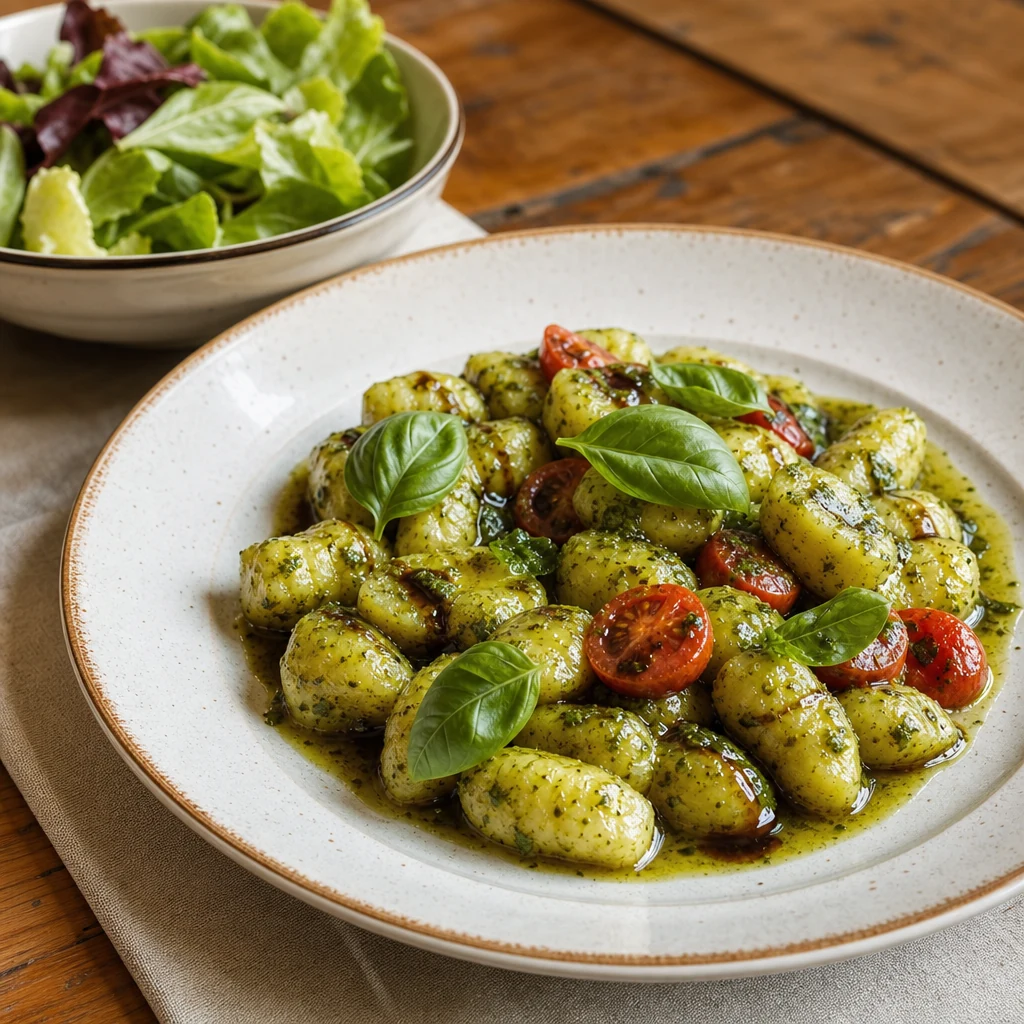 Gnocchi mit Pesto, Kernöl und Salat