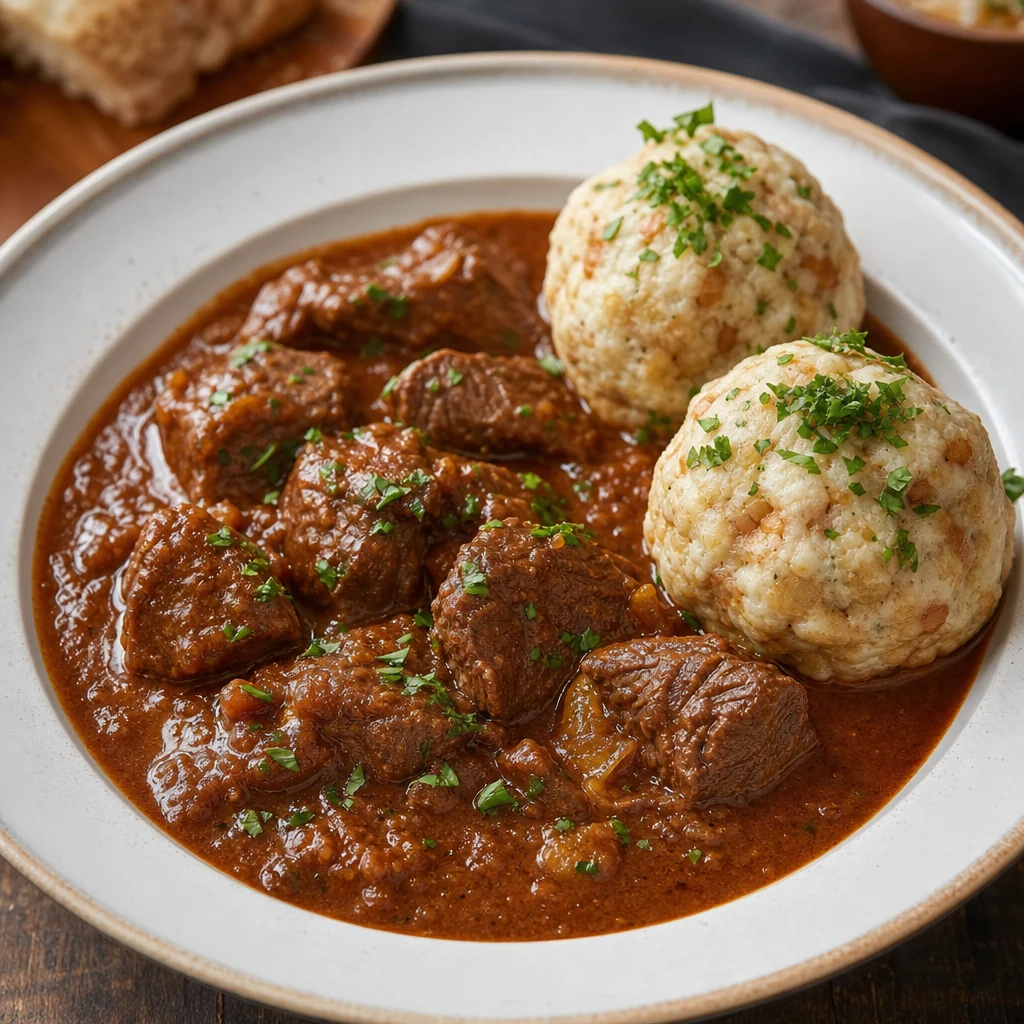 Rindsgulasch mit Semmelknödeln
