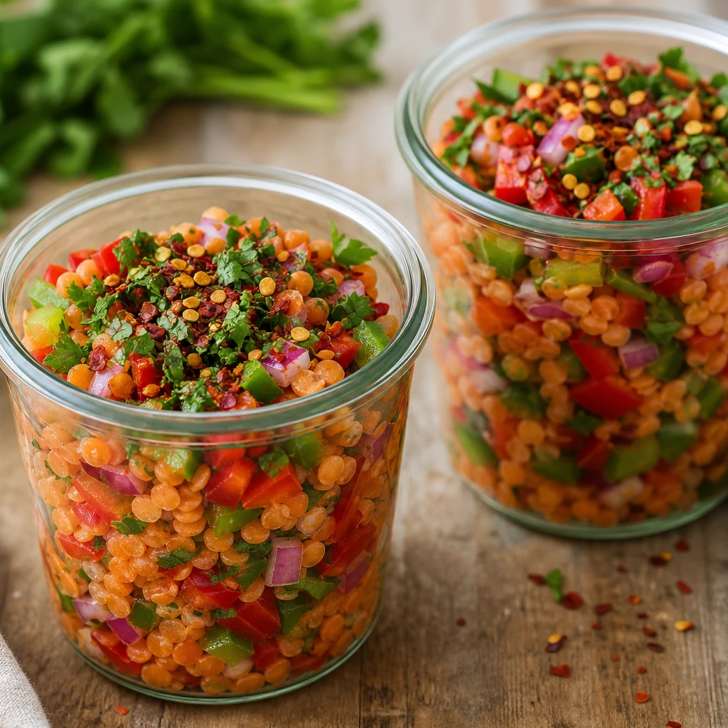 Scharfer Linsensalat im Glas